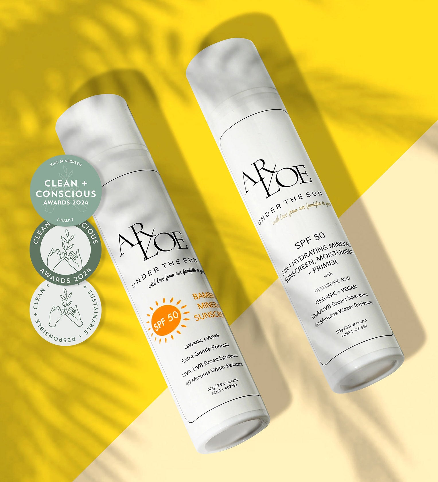 Arloe sunscreen 50 SPF and Primer on a yellow background with awards badges.